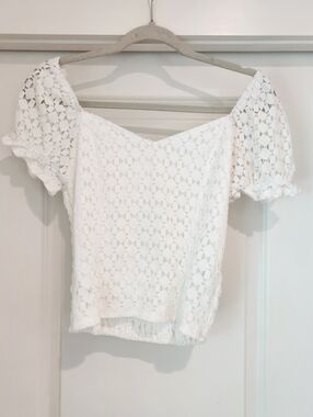 Monteau White Crochet Puff Sleeve Top